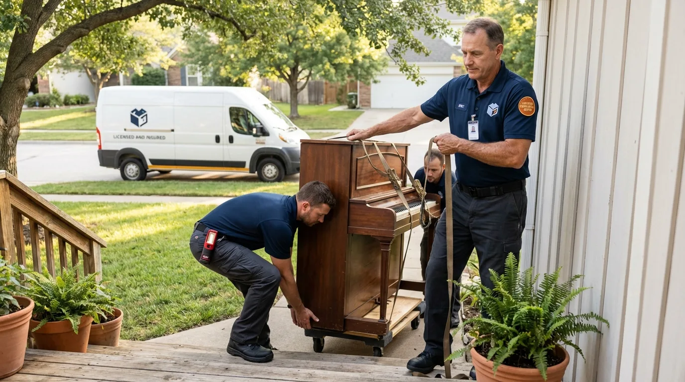Licensed piano movers securing grand piano in Peekskill, NY